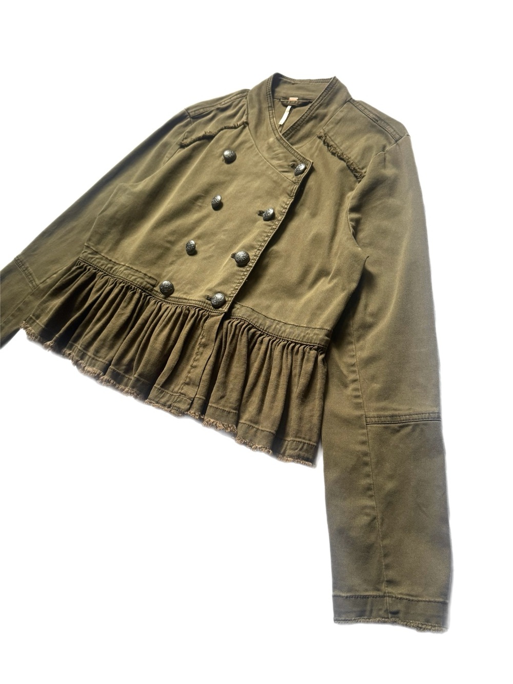Free People Olive Green Ruffle Hem Military Bomber Jacket - Picture 2 of 7